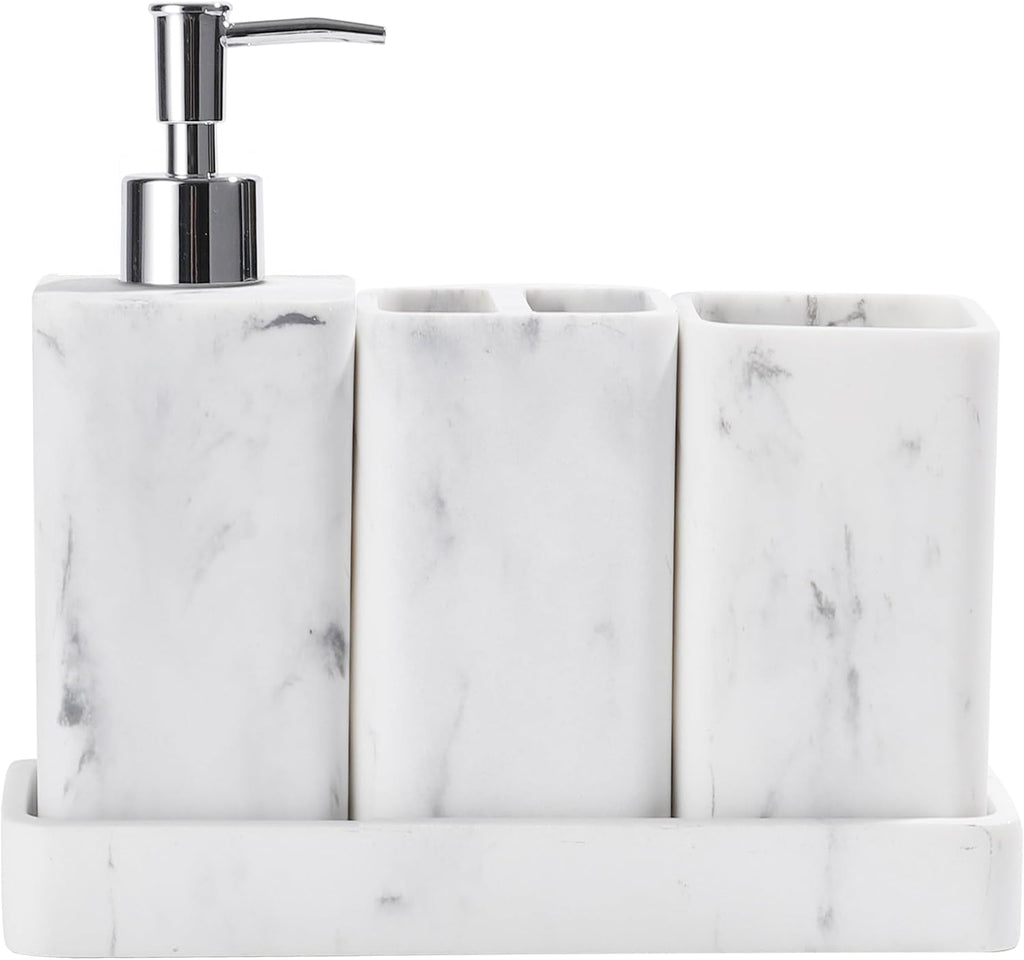 Bathroom Accessories Set, 4 Piece Toothbrush Holder Set Marble White | Bathroom Accessory Set with Soap Dispenser