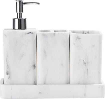 Bathroom Accessories Set, 4 Piece Toothbrush Holder Set Marble White | Bathroom Accessory Set with Soap Dispenser
