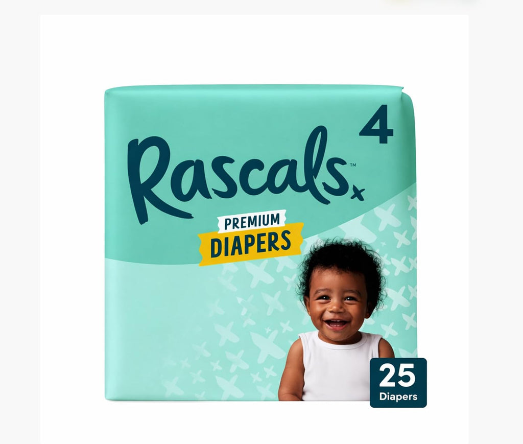 Rascals Premium Disposable Baby Diapers Size 4 (25 Count), Absorbent Core, Up to 12 Hours Leak Protection, Gentle on
