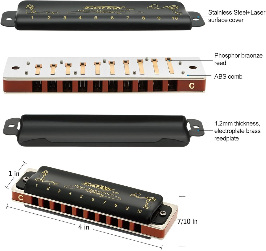 Harmonica Key of C 10 Holes 20 Tones 008K Mouth Organ with Black Cover, Top Grade Harmonica for Adults, Professionals