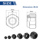 Kozelo 100Pcs #8-32 Nylon Locking Hex Nuts 304 StainlessSteel Black