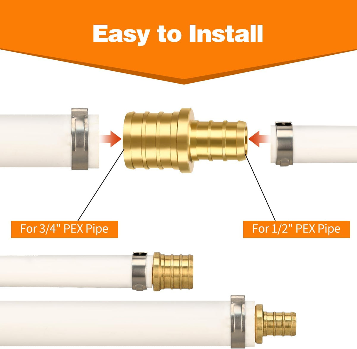6 Pack 3/4" × 1/2" Brass PEX straight Coupling Fittings