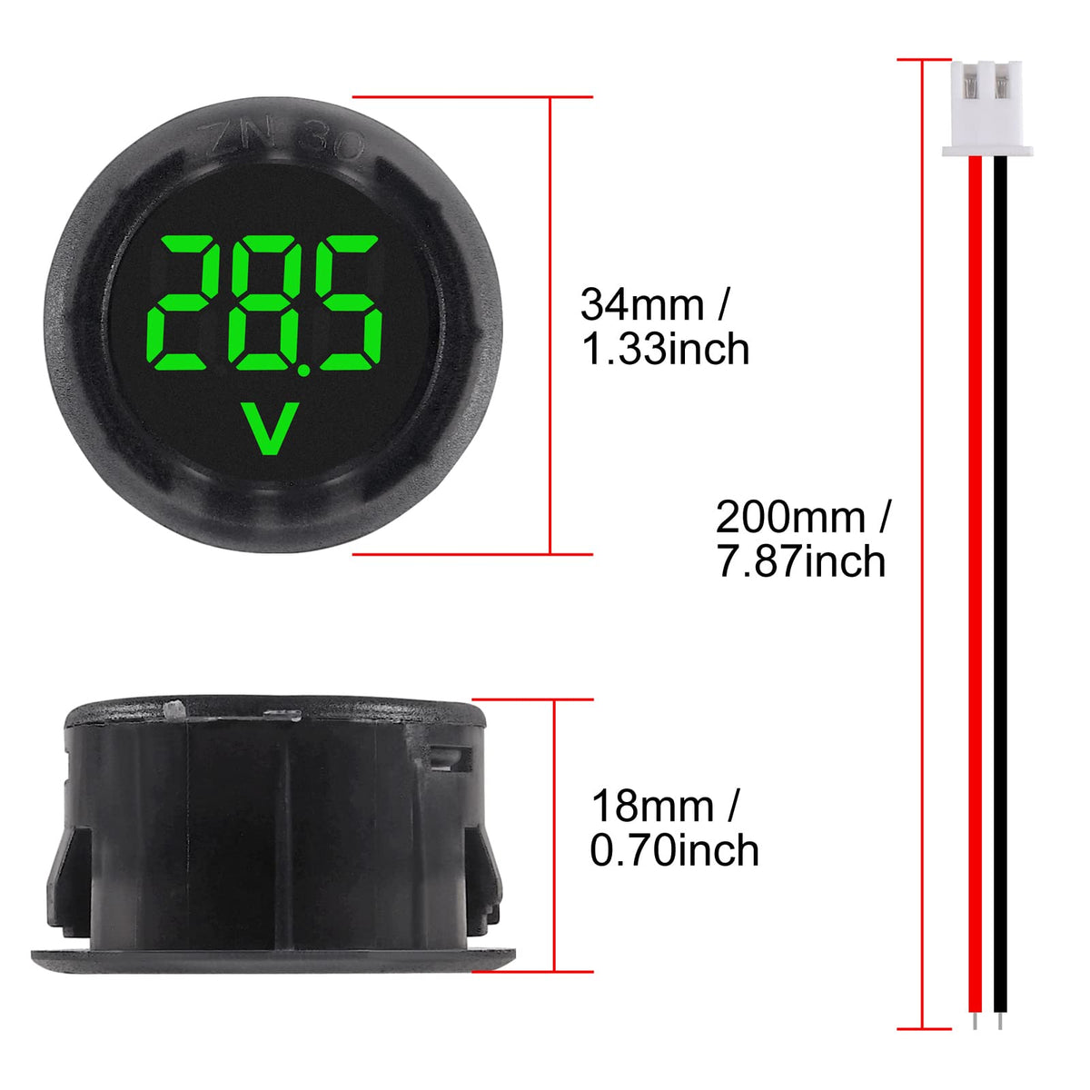 DWEII 5PCS DC 4-100V LED Digital Display Circular Two-Wire Voltmeter DC Digital Voltmeter Head Display Reverse Connection Protection
