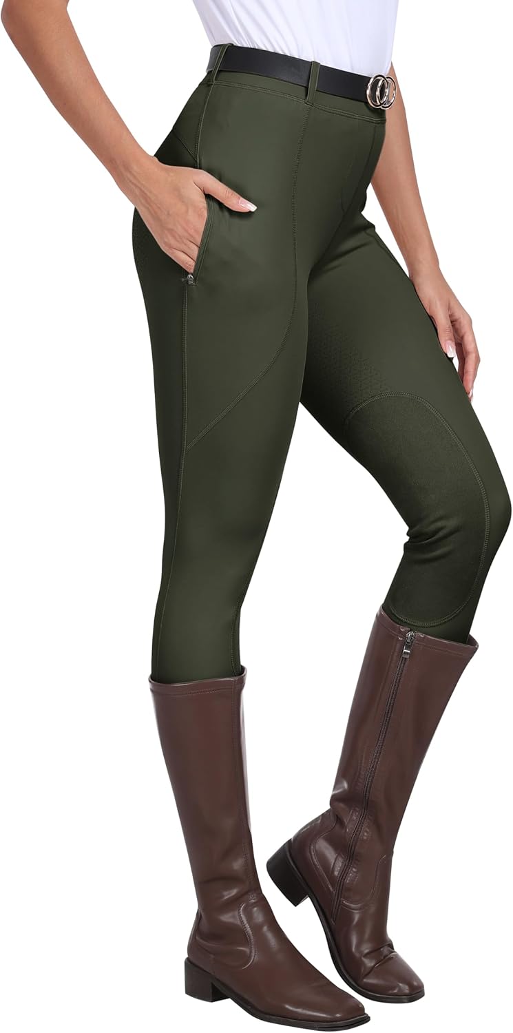 Women's Horse Riding Pants Full Seat Silicon Knee-Patch Equestrian Breeches Horseback Schooling Tights Zipper Pockets