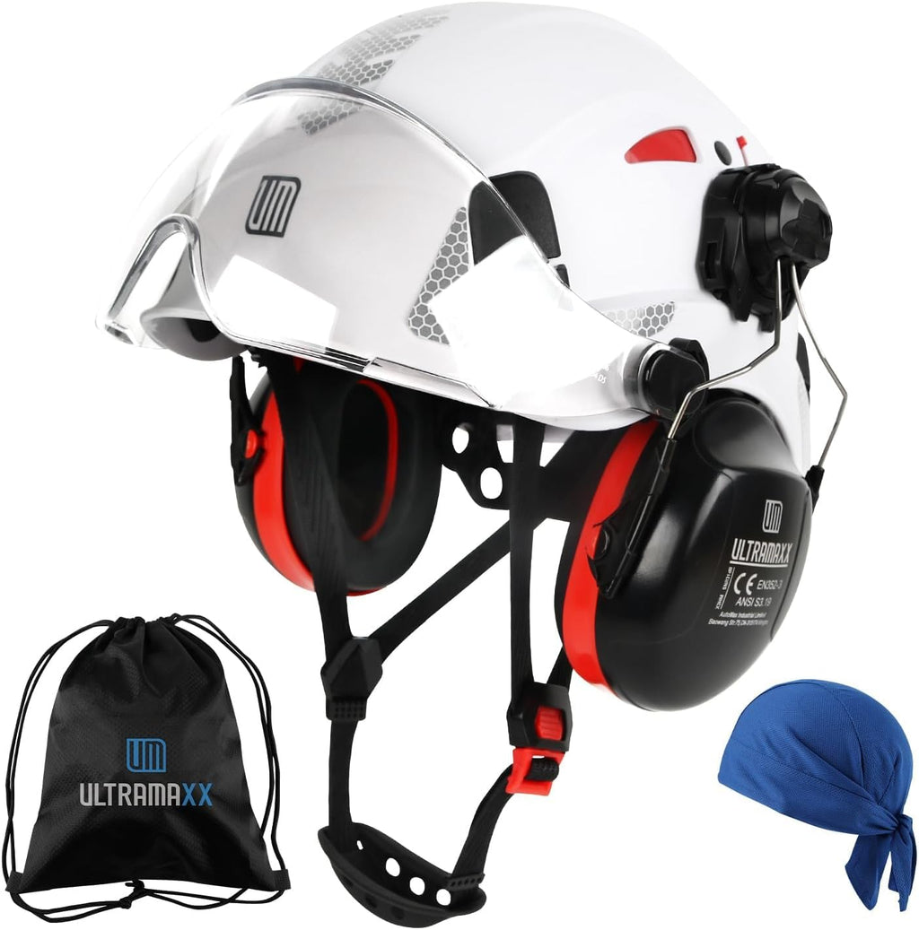 Safety Helmet Hard Hat and Ear Protection, ANSI Z89.1 Approved Lightweight Vented Work Helmet Kits, 6-Point