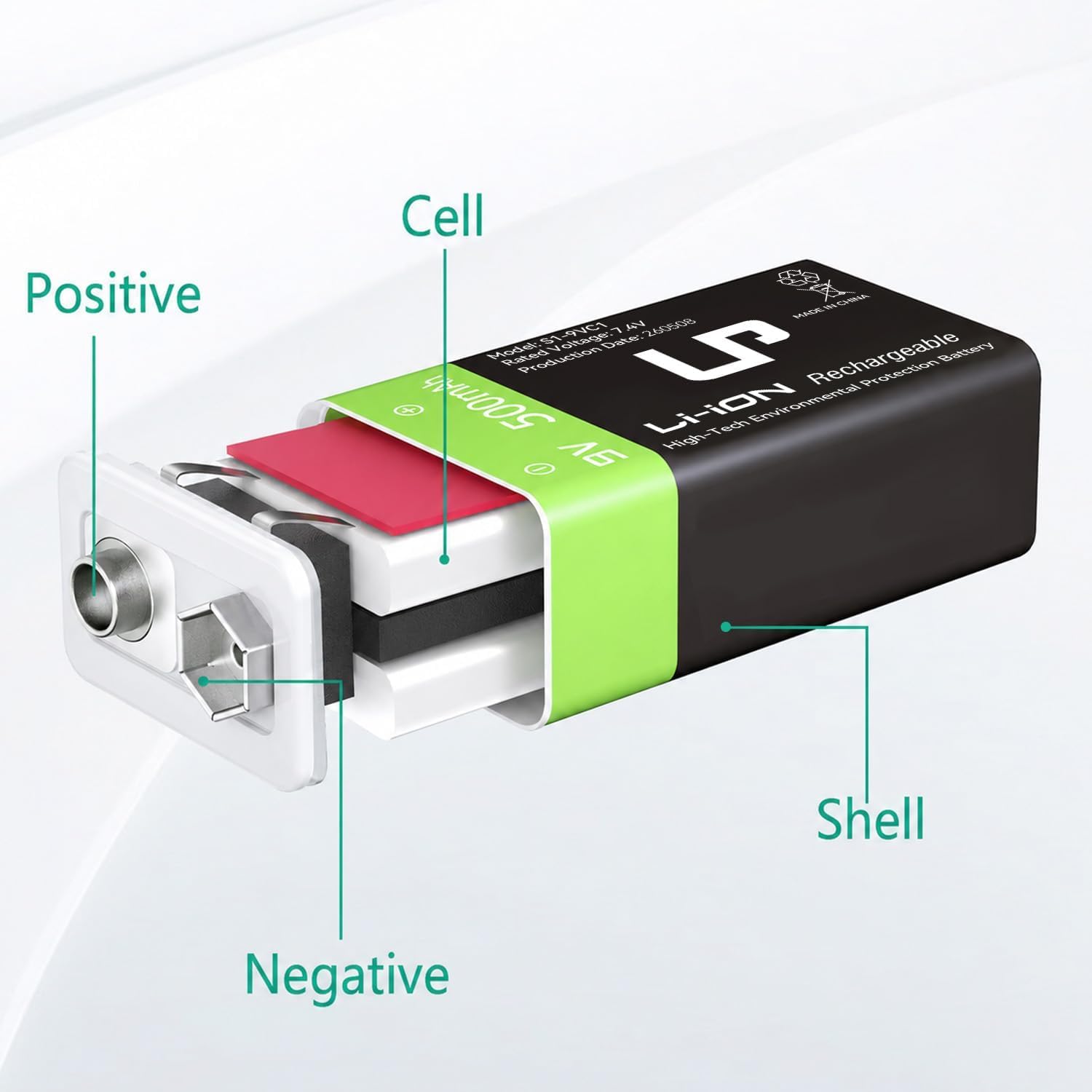 9V Rechargeable Battery Pack 4-Pack 500mAh Li-ion 9 Volt | Battery for Alarms, Wireless Microphones, Smoke Detectors