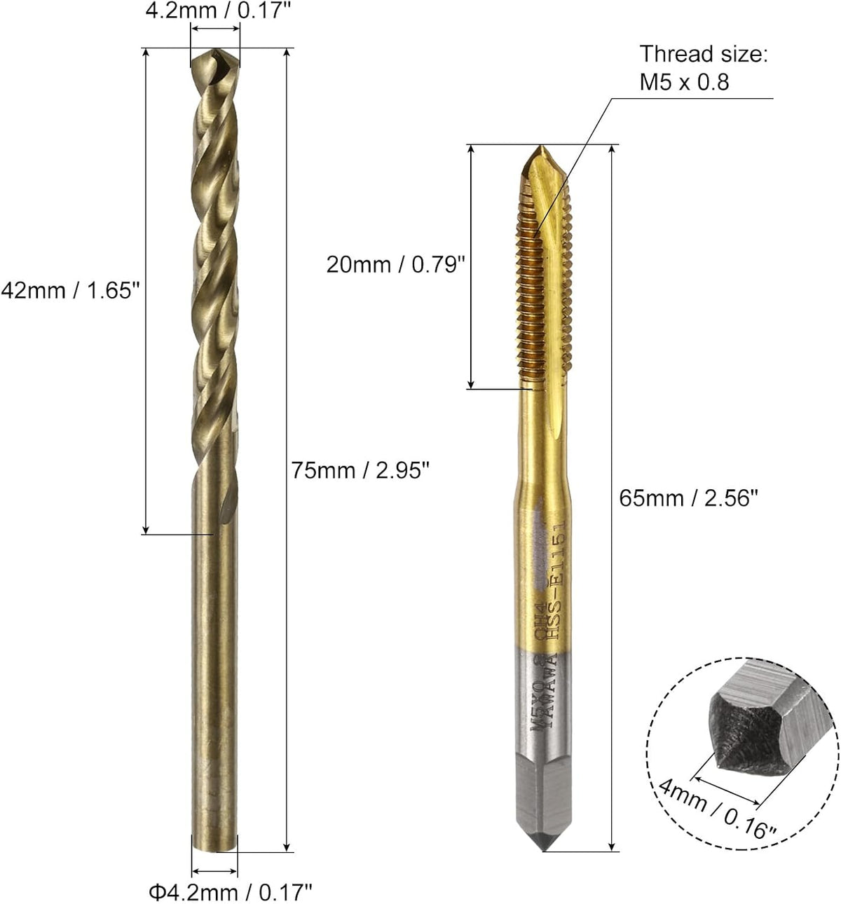 uxcell Metric Tap & Drill Bit Set, 2pcs M5 x 0.8 Spiral Point Thread Taps Titanium Coated and 2pcs 4.2mm Twist Drill Bits Roasted Yellow, Screw Tapping Threading Tools