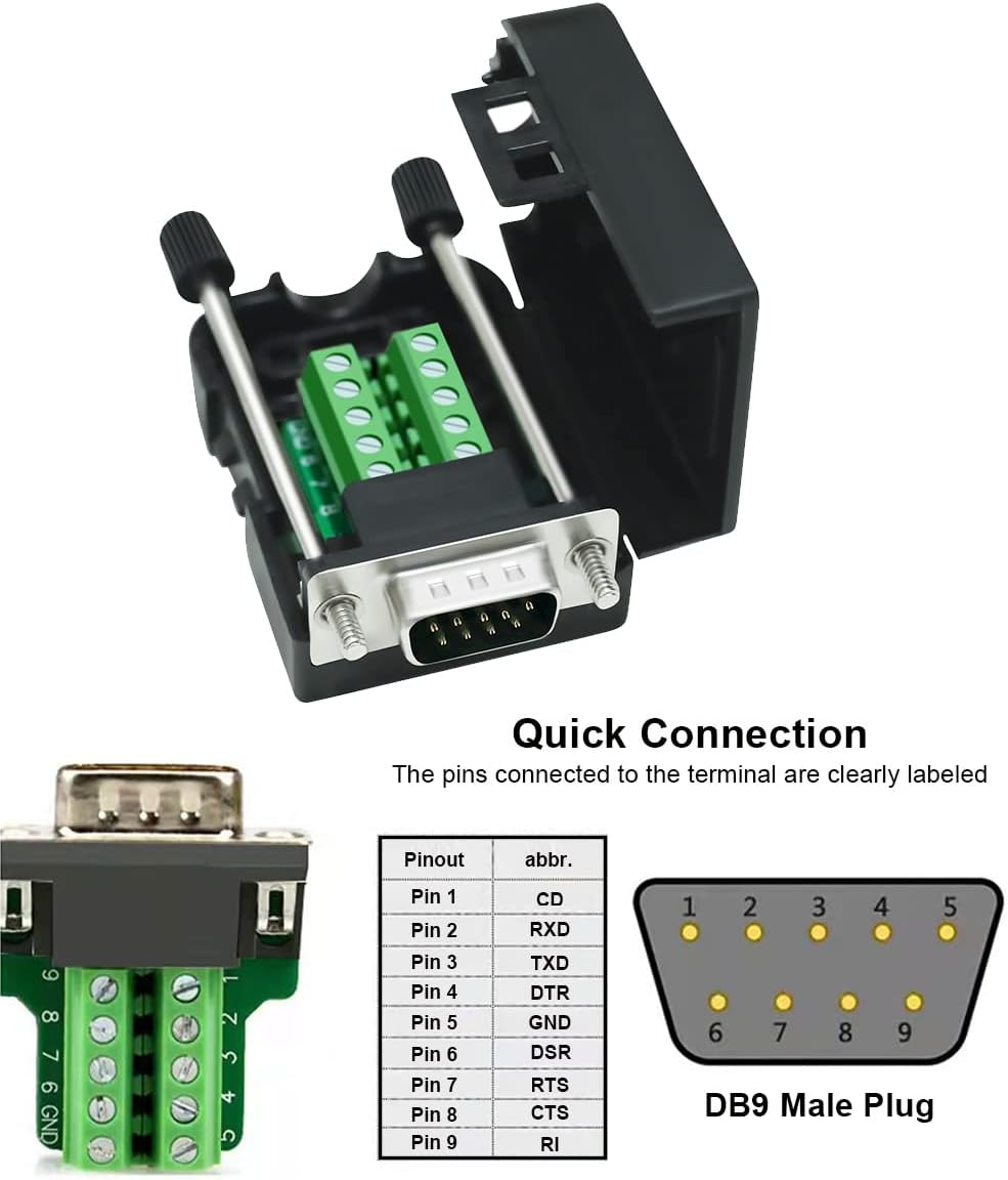 DTech DB9 Breakout Connector, Male RS232 Serial Adapter, Solderless Module Board with Screw Terminals, Case, Long Bolts, Tail Pipes