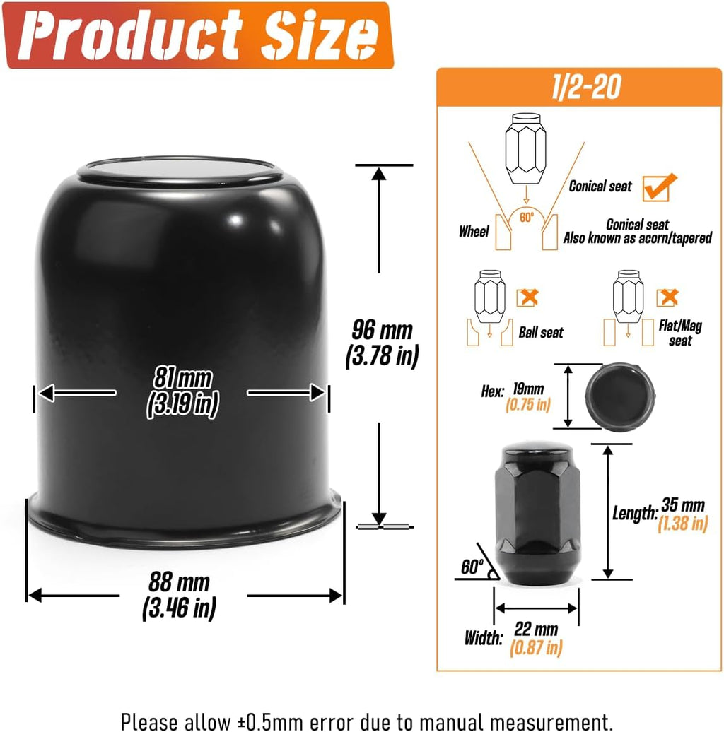 2-Pack Trailer Push Through Center Caps and Trailer Wheel Lug Sets - 3.19in Wheel Center Caps High Gloss Black Wheel