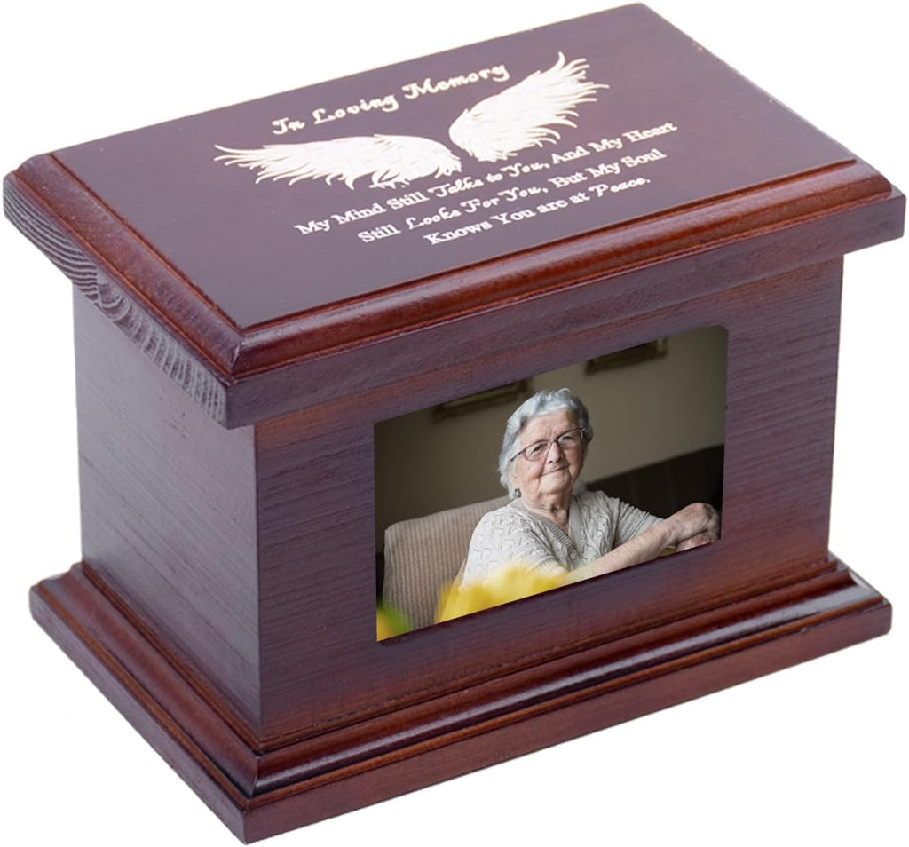 5.5 Inch Small Wooden Memorial Urn with Photo Frame, Keepsake Urn Box for Human/Pet Ashes - Wing