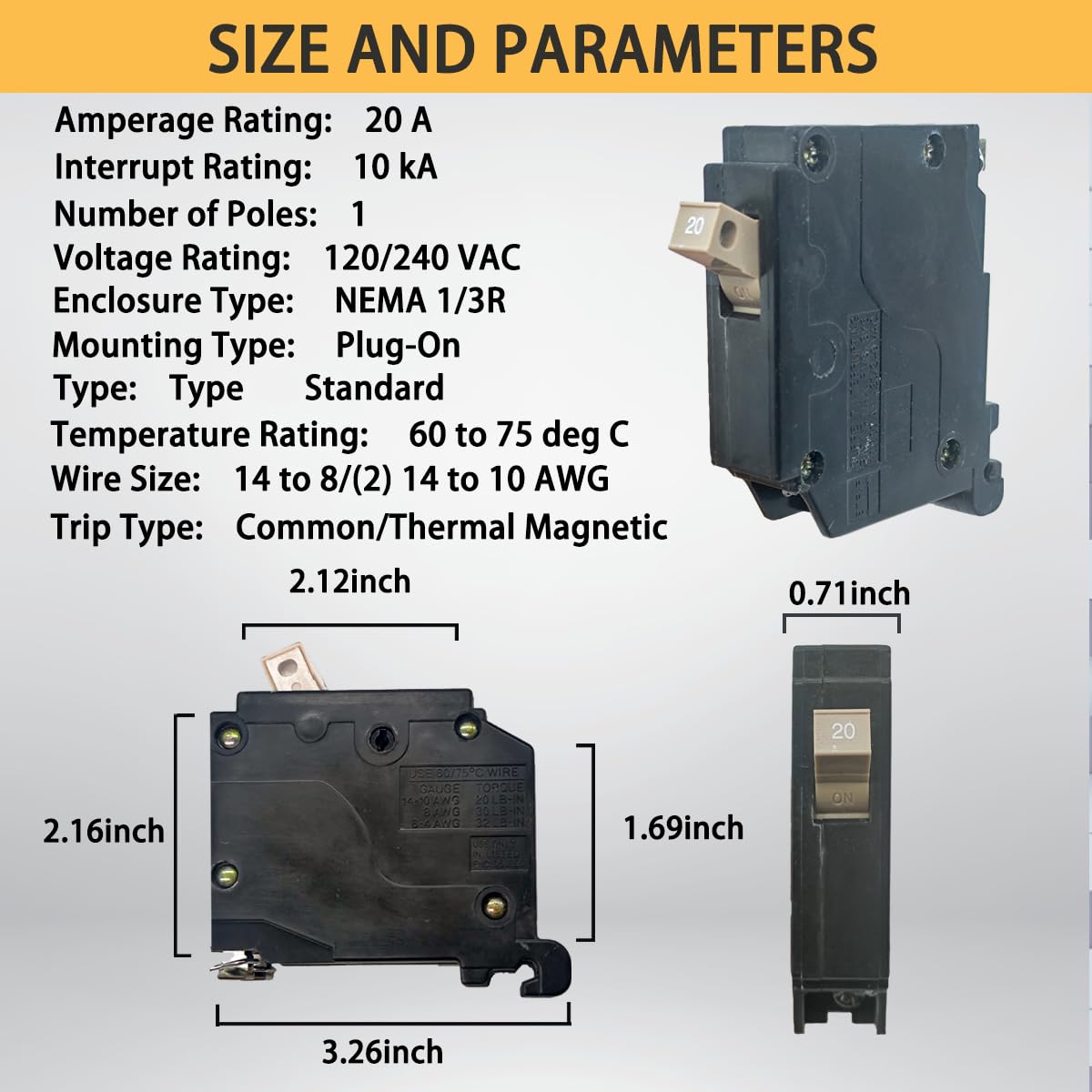 20 Amp 1-Pole Circuit Breaker, 3/4-Inch Plug-in Type Molded Case