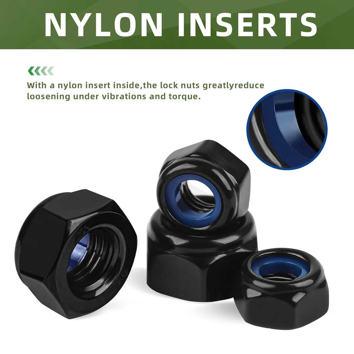 50 PCS #10-24 Nylon Insert Locknuts, Standard Inch Thread Self-Lock Nylon Inserted Hex Lock Nuts, Black Coating