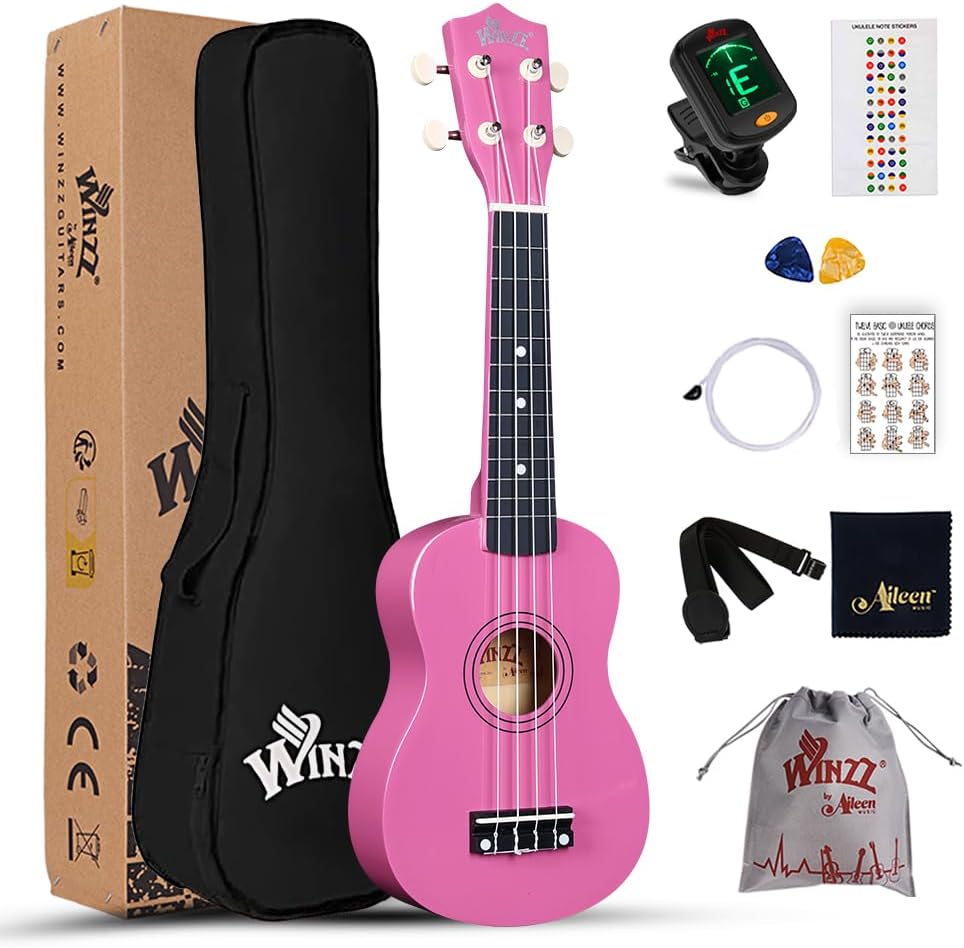 Soprano Ukulele Starter Kit For Beginners with Bag, Clip-On Tuner, Extra Strings, Strap, Plectrum, Fret Stickers