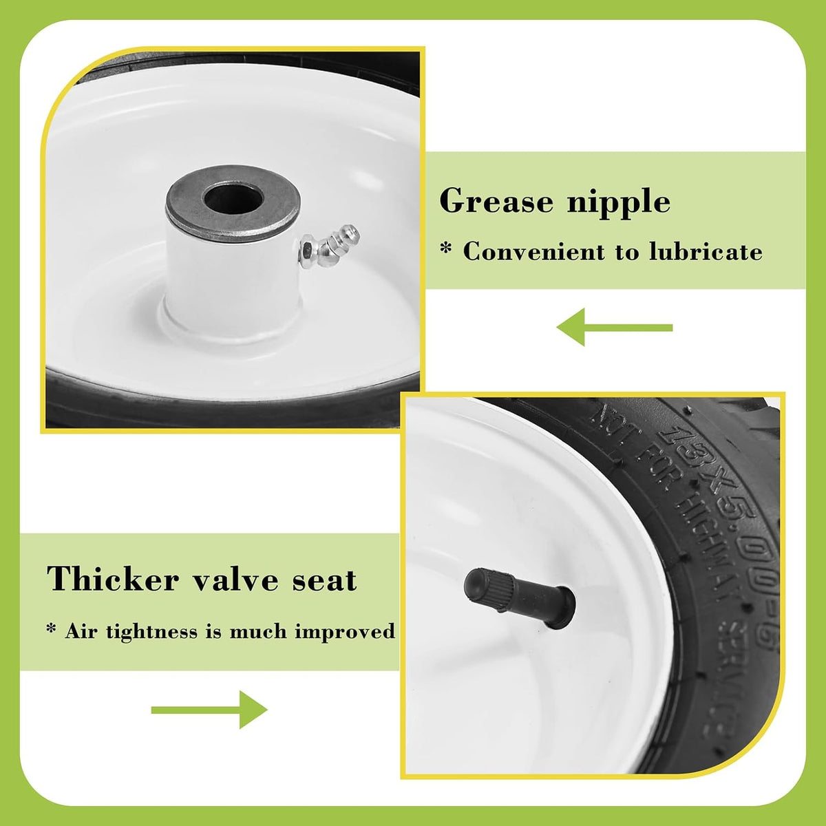 (2 Pack) 13x5.00-6 Pneumatic Tire and Wheel Replacement | 13 Inch Lawn Mower Tire with 3/4" & 5/8" Bushing for Riding