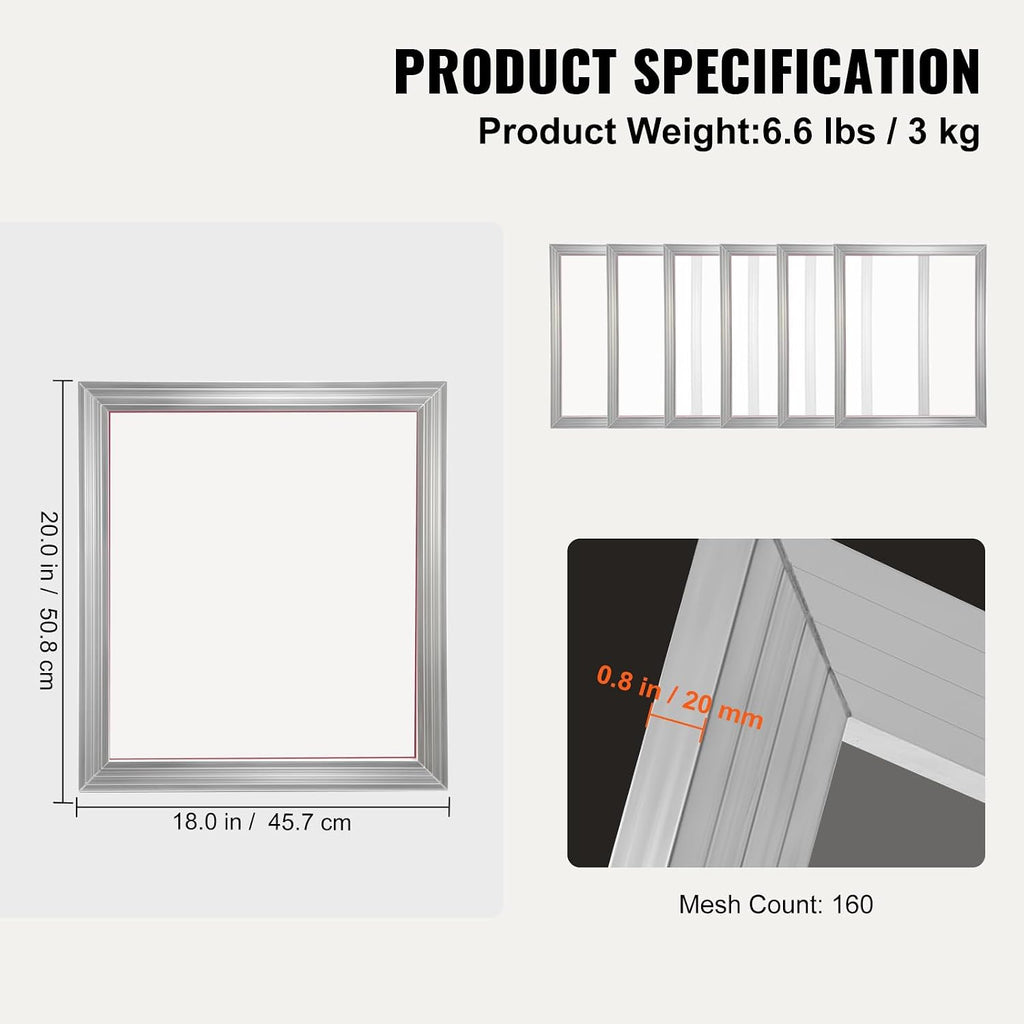 Screen Printing Kit, 6 Pieces Aluminum Silk Screen Printing Frames, 18x20inch Silk Screen Printing Frame with 160