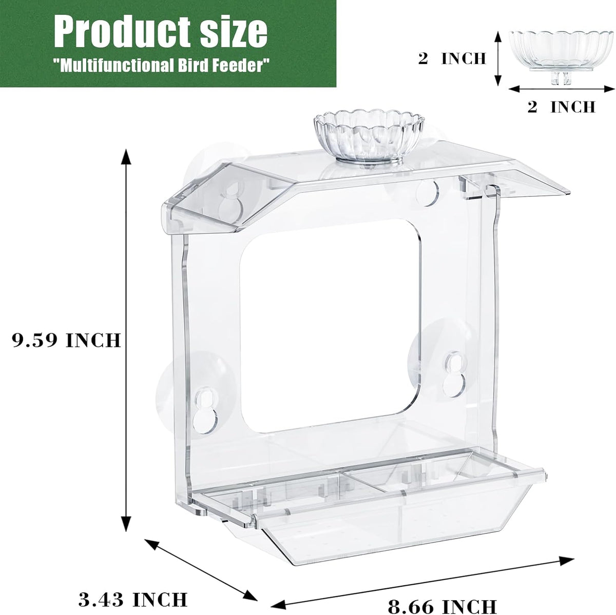 Clear Window Bird Feeder with Strong Suction Cups – Clear Bird Feeding Station with Dual Seed Tray & Water Bowl –