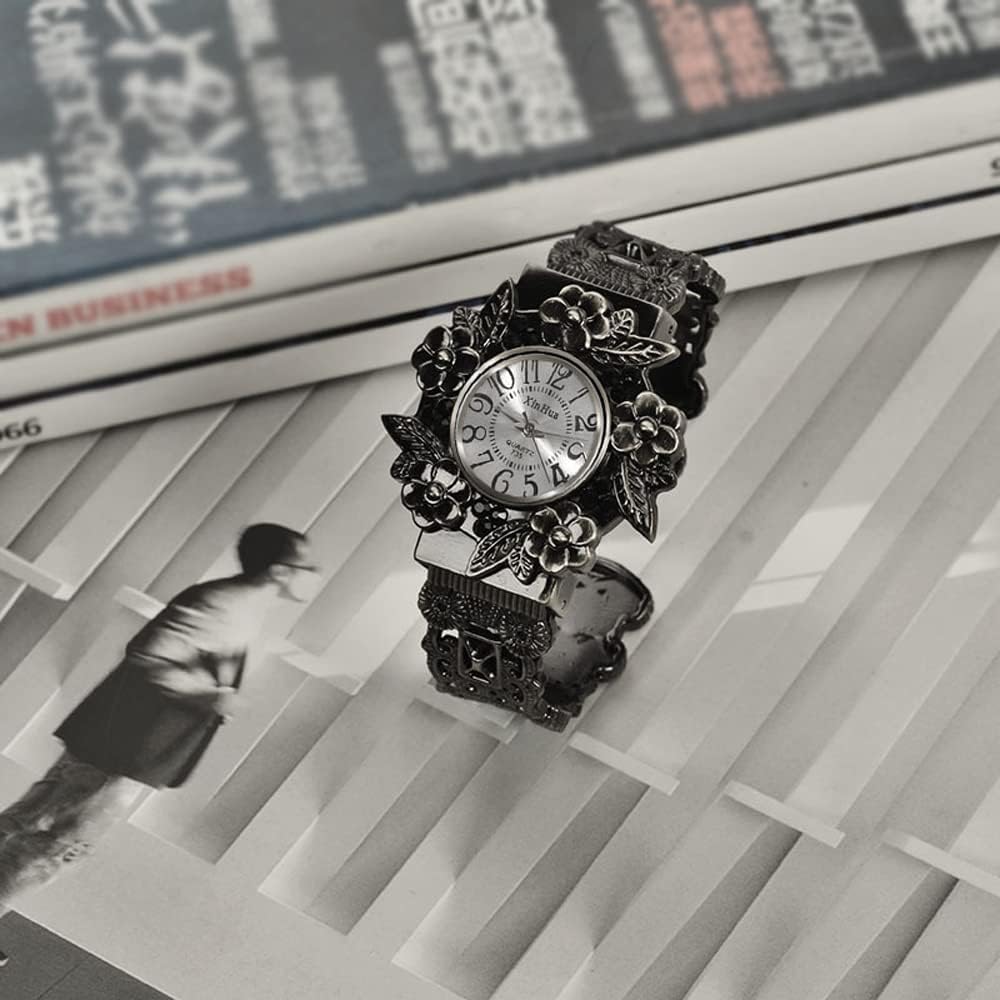 Women Vintage Cuff Bangle Bracelet Watch Carved Flowers Analog Quartz Wrist Watch