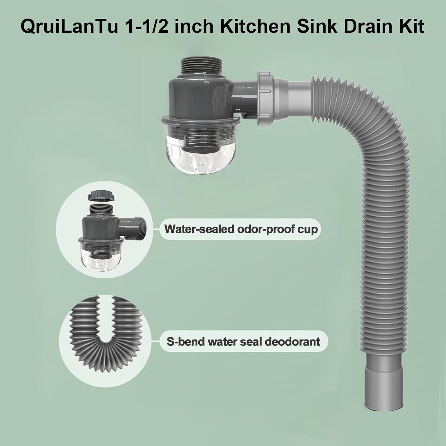 1-1/2 inch Kitchen Sink Drain Kit, space-saving kitchen drain with P-trap and extendable flexible hose (gourd