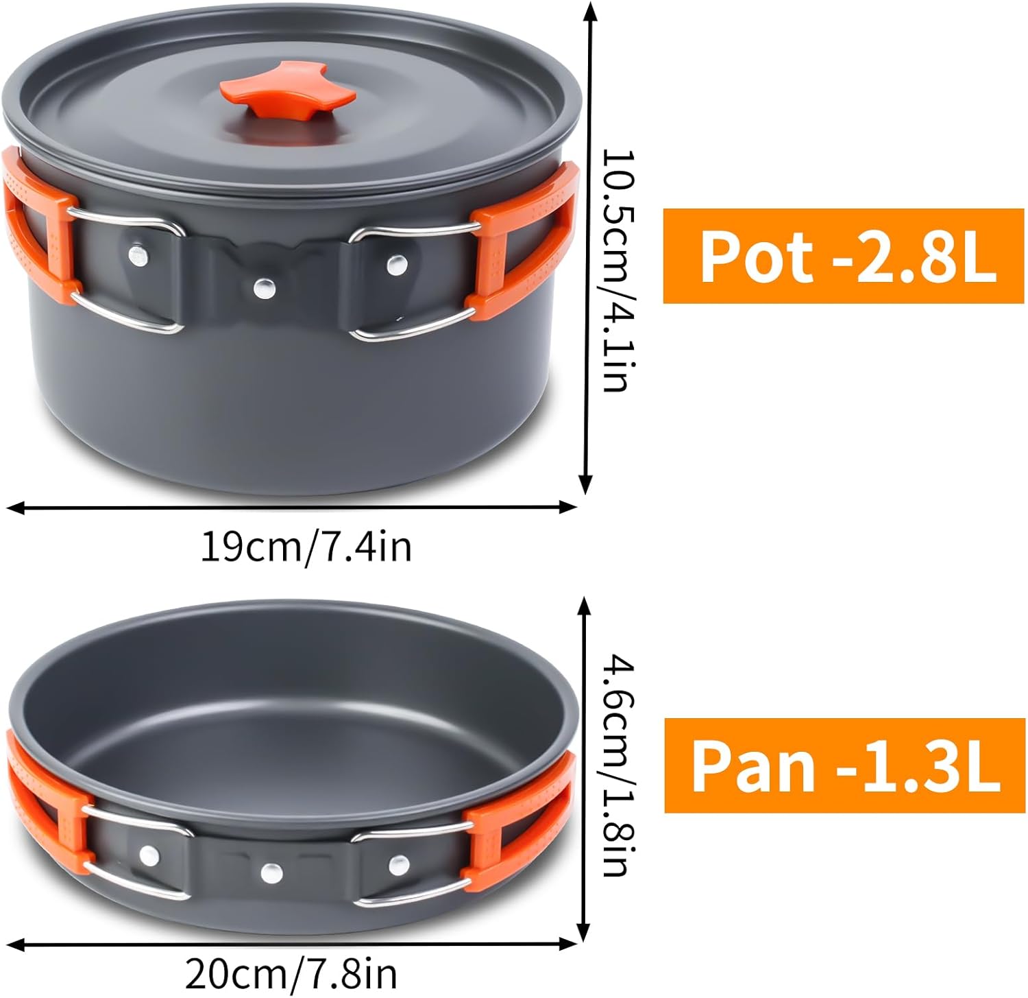 18-Piece Large Capacity Camping Cookware Set Aluminum Mess Kit | 2.8L main cooking pot 1.6L hot-water kettle 1.3L