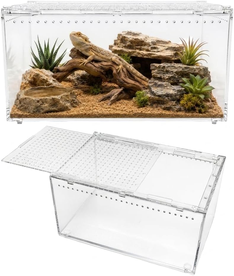 Large Clear PC Reptile Terrarium, 11.81×7.87×5.91 Inch Ventilated Habitat with Magnetic Door for Gecko, Frog
