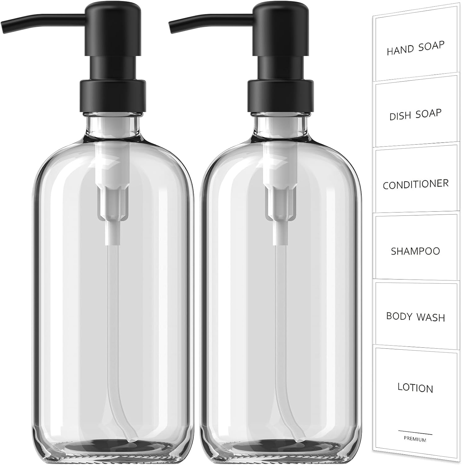 Glass Soap Dispenser with Pump, 2 Pack Clear Bathroom Hand Soap Dispenser with Stainless Steel Pump, 17 Fl Oz