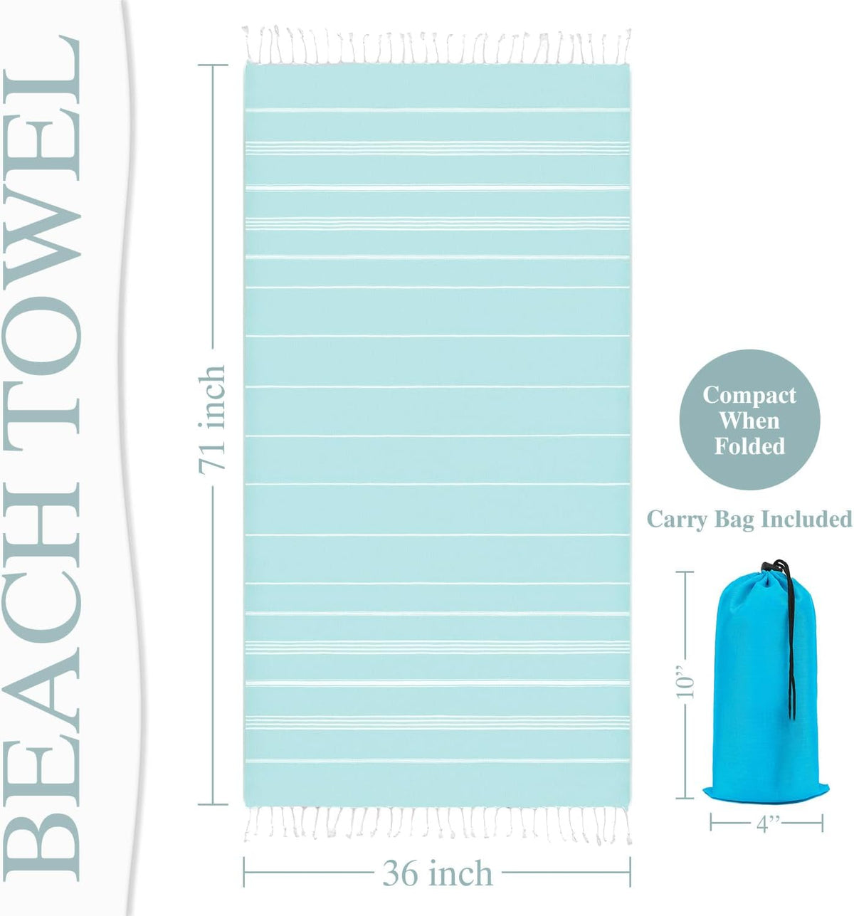 Oversized Turkish Beach Towel 36"x72", Sand-Free Quick Dry Lightweight Microfiber Pool Bath Towel, Large Travel Beach