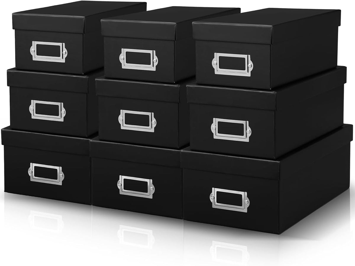 9 Pcs Kraft Storage Boxes Rectangle Stacking Boxes with Lids and Cardboard Organizers with Gold Label Holders for