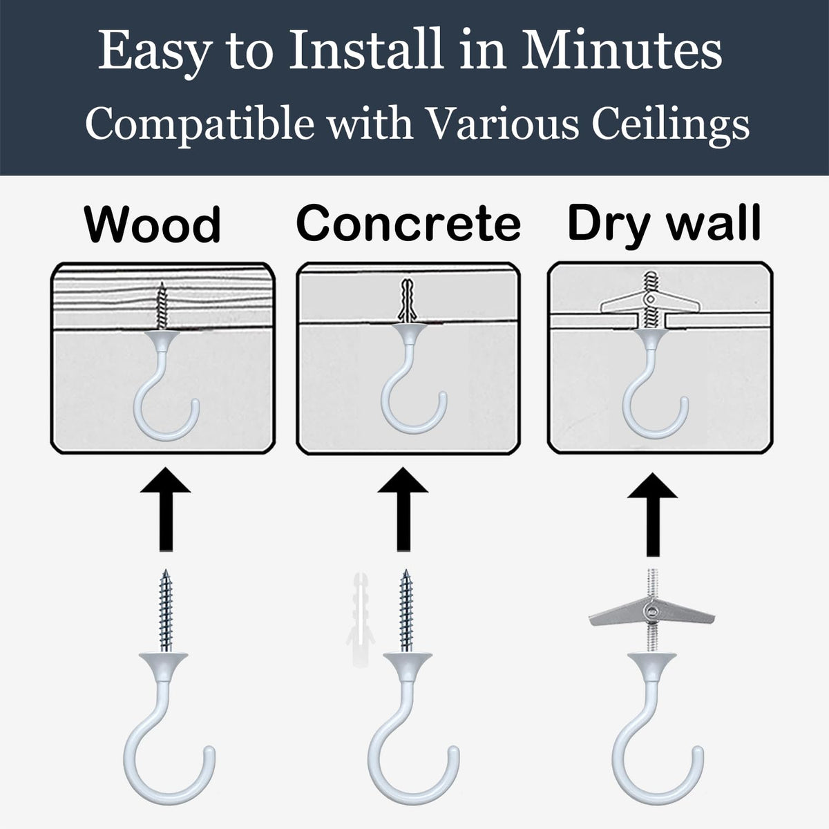 Heavy Duty Ceiling Hooks for Hanging Plants 4 Pack (White)