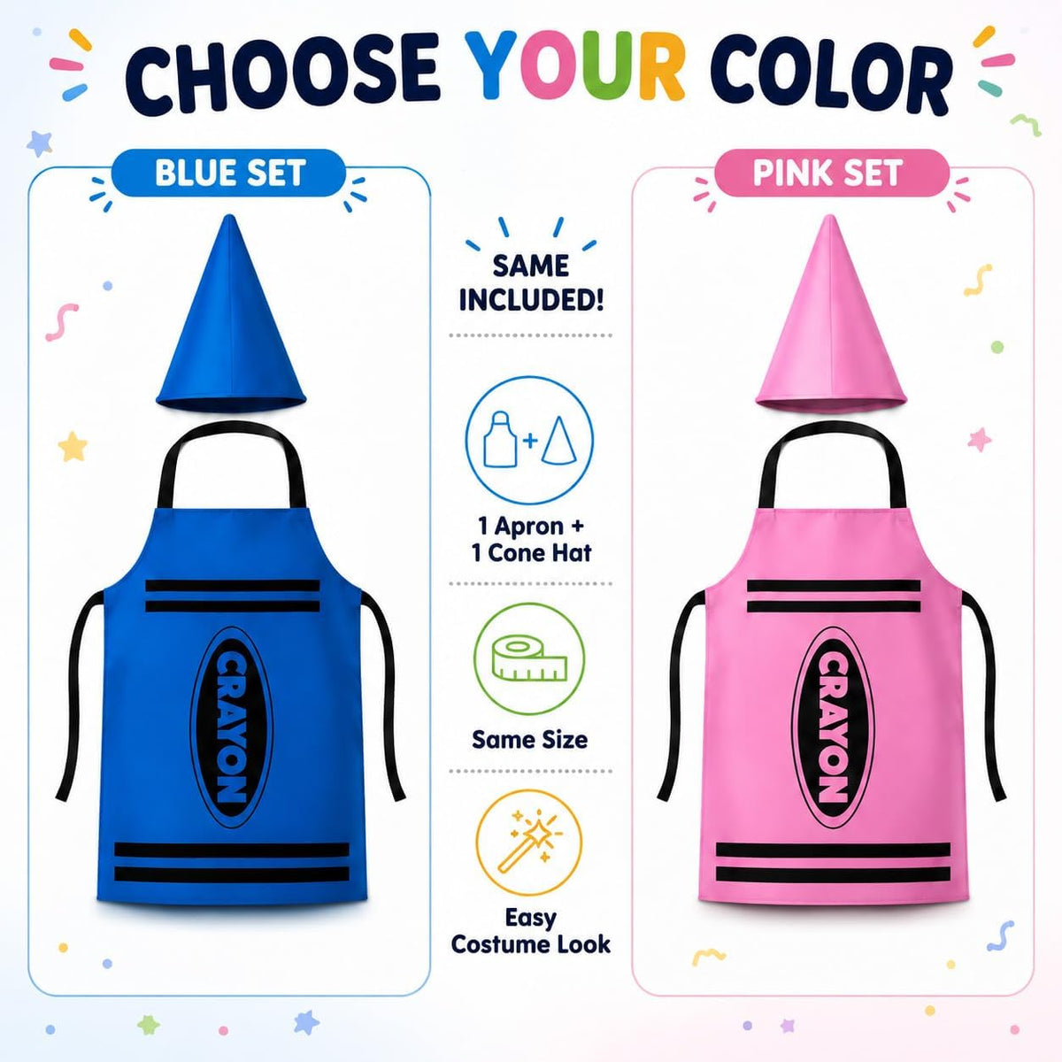 Crayon Costume Set for Adults - School Halloween Dress Up Outfit | Polyester Crayon Outfit with Apron and Cone Hat