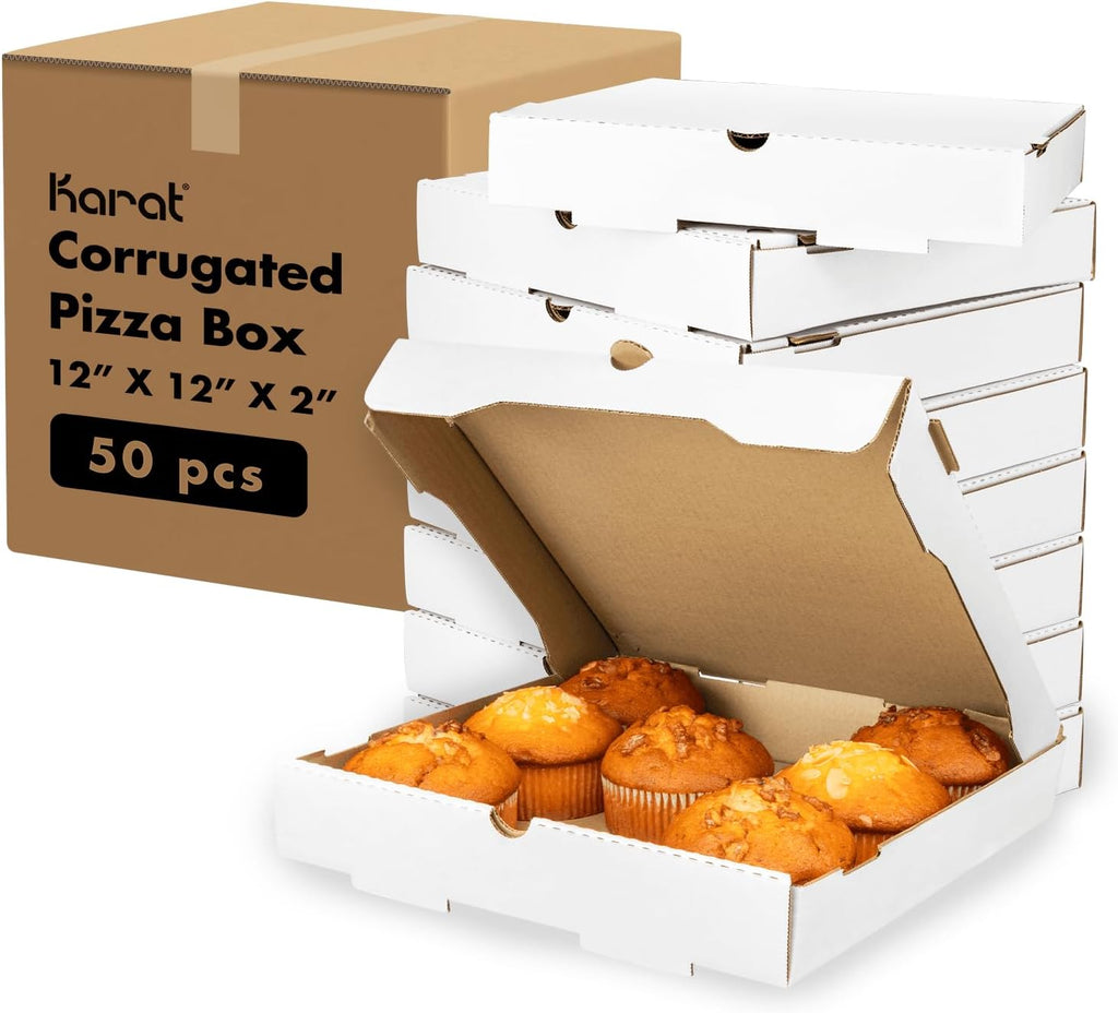 Pizza Boxes 12" x 12" x 2" [50 Pack] White Corrugated Boxes | Ventilated, Grease-Resistant, Durable for Pizza