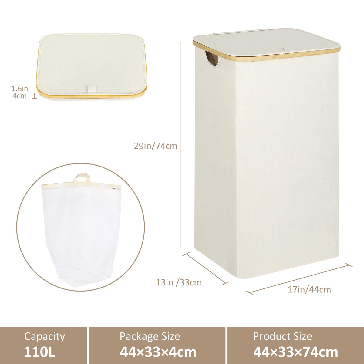 Laundry Hamper with Lid,110L Laundry Basket with Mesh Bags,Beige