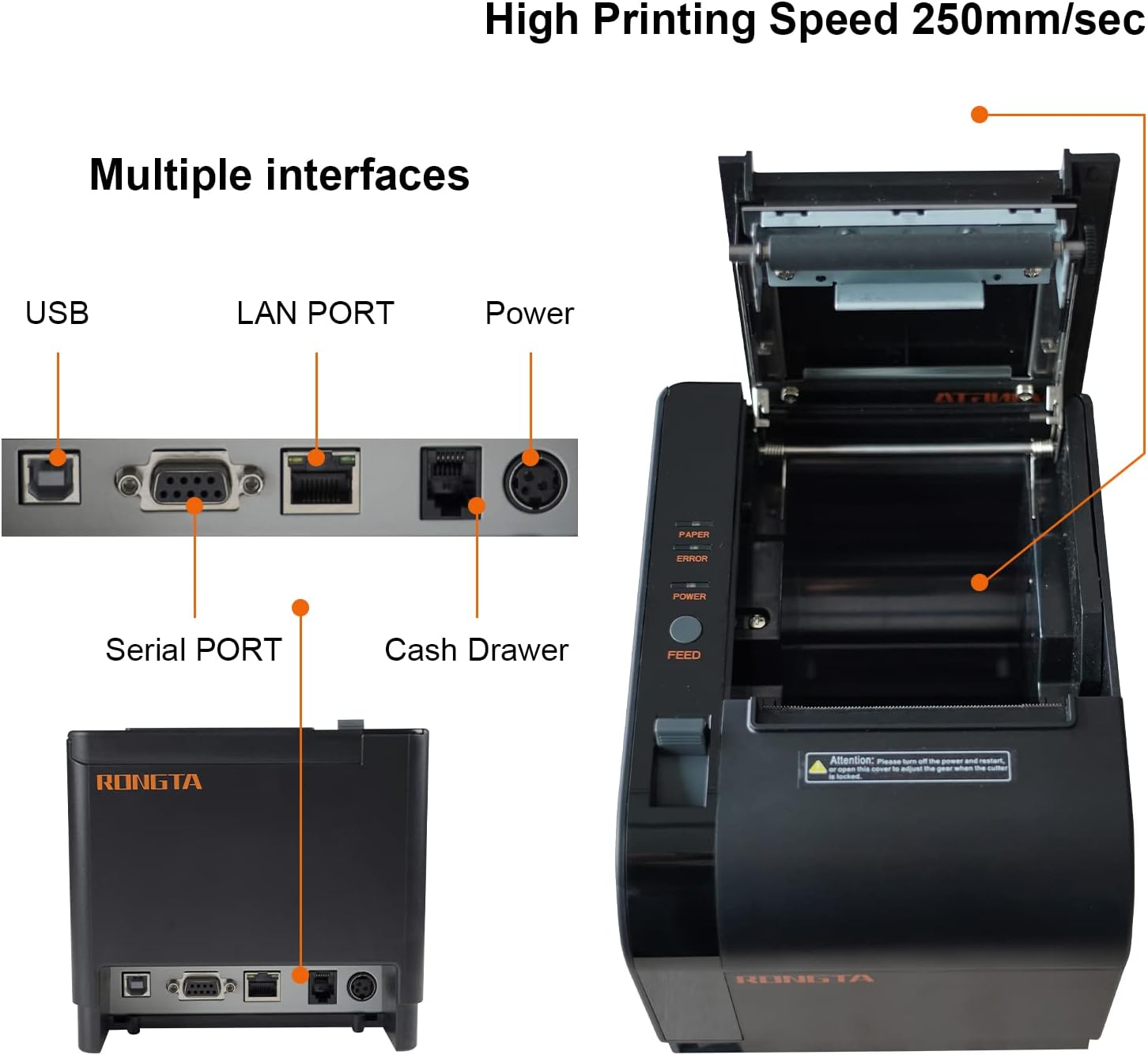 80mm Thermal POS Receipt Printer Black | 3 1/8 inch Pos Printer with Auto Cutter, USB, Serial, Ethernet