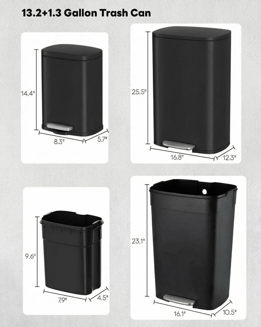 13.2+1.3 Gallon Trash Can Combo Set, Stainless Steel Garbage Bin with Pedal