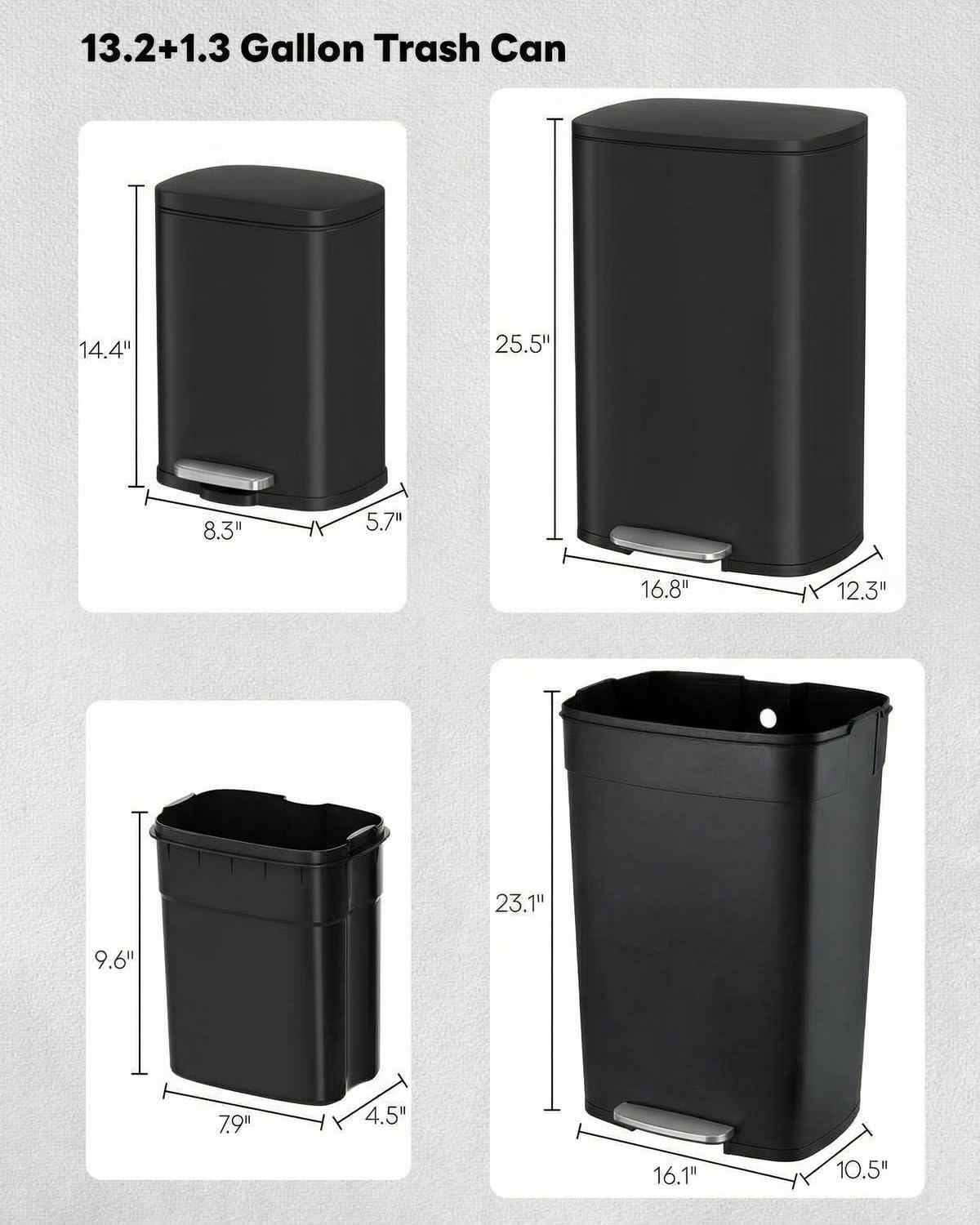 13.2+1.3 Gallon Trash Can Combo Set, Stainless Steel Garbage Bin with Pedal
