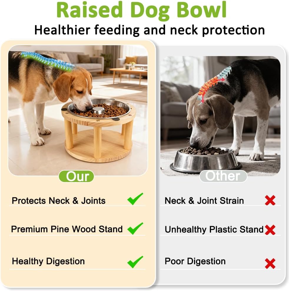 Elevated Dog Bowl, Pine Wood Stand with Stainless Steel Slow Feeder, 5.9" Raised Dog Bowl for Small & Medium Dogs
