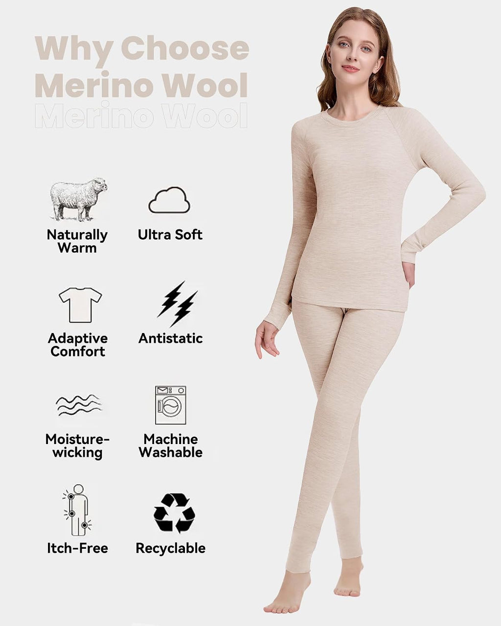 Women's 100% Merino Wool Thermals Base Layer Set | Long Johns for Women, Winter Thermal Underwear, Cold Weather Base