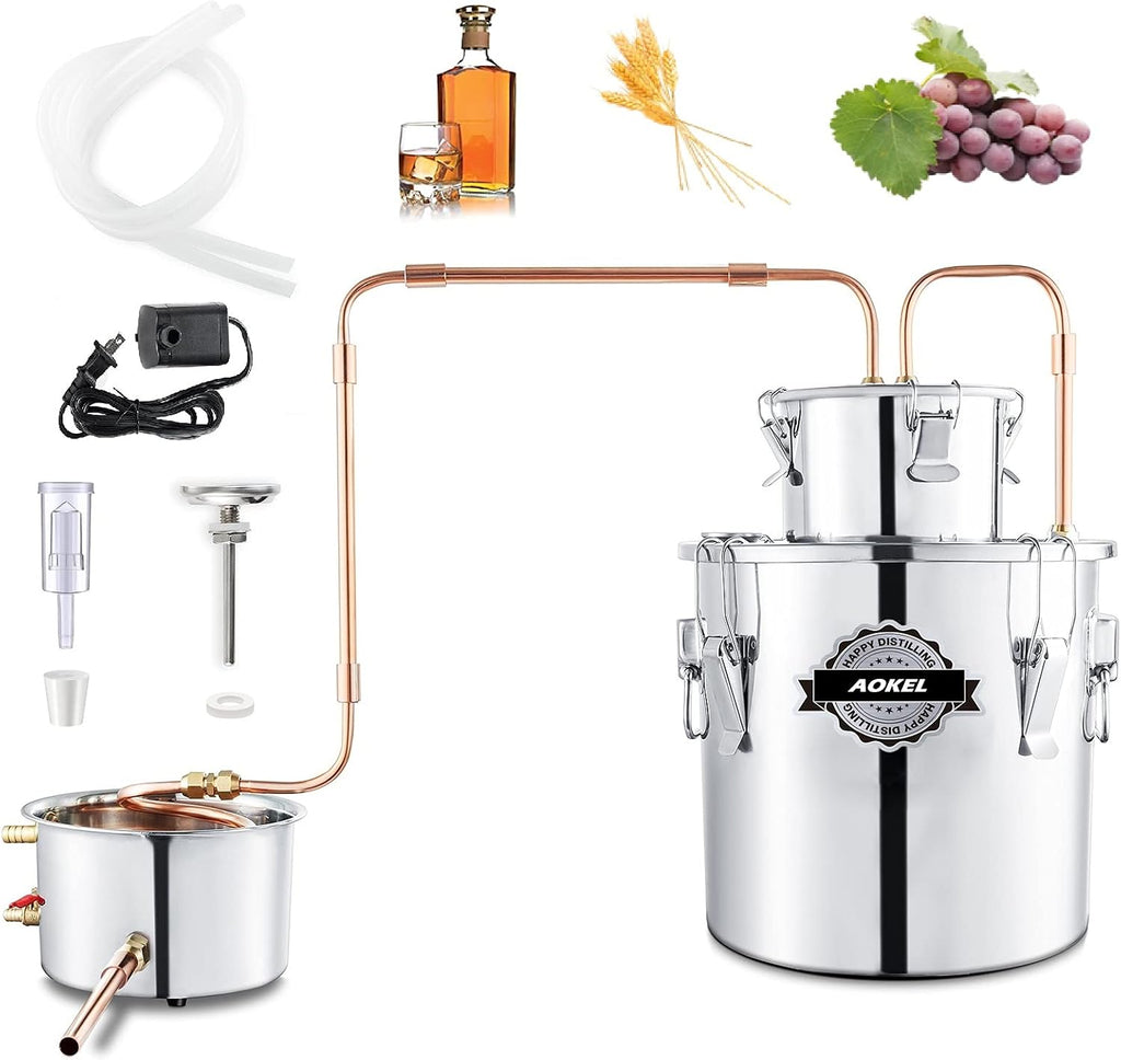 AOKEL 5GAL/20L Shine Still Purifying Water Alcohol Distiller,Home Brewing Kit Stainless Copper Tube With Thumper Keg
