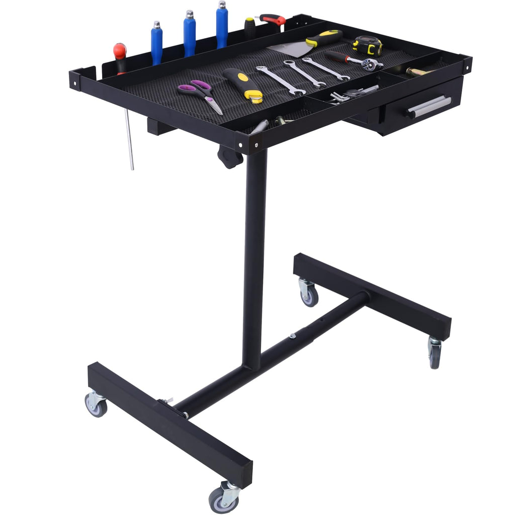 Rolling Tool Tray with Wheels, Heavy Duty Adjustable Work Table with Drawers, Tear Down Work Table with Drawer for