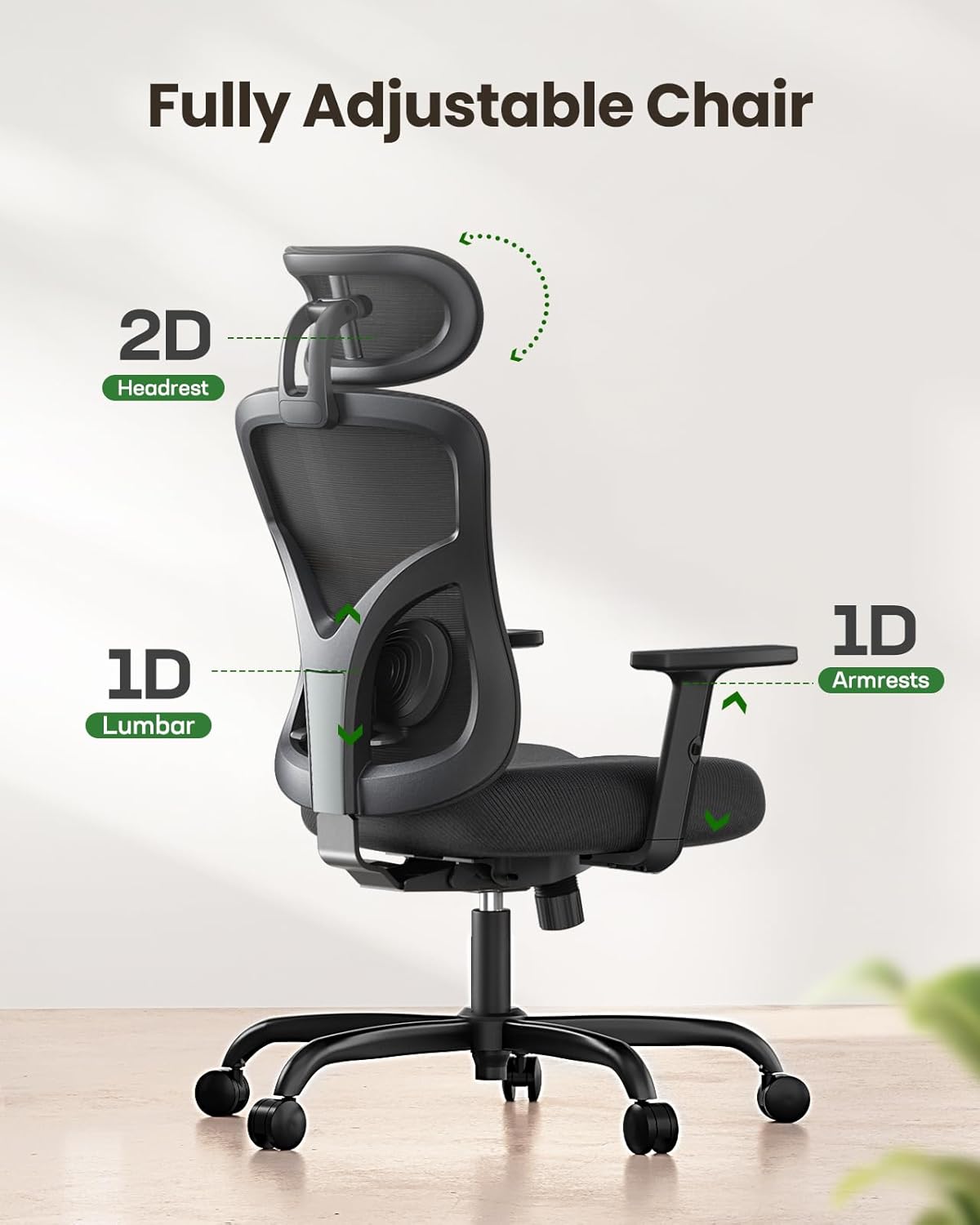 Ergonomic Office Chair Ergonomic Gaming Chair with Lumbar Support, 2D Headrest, Adjustable Armrests, Contoured Seat