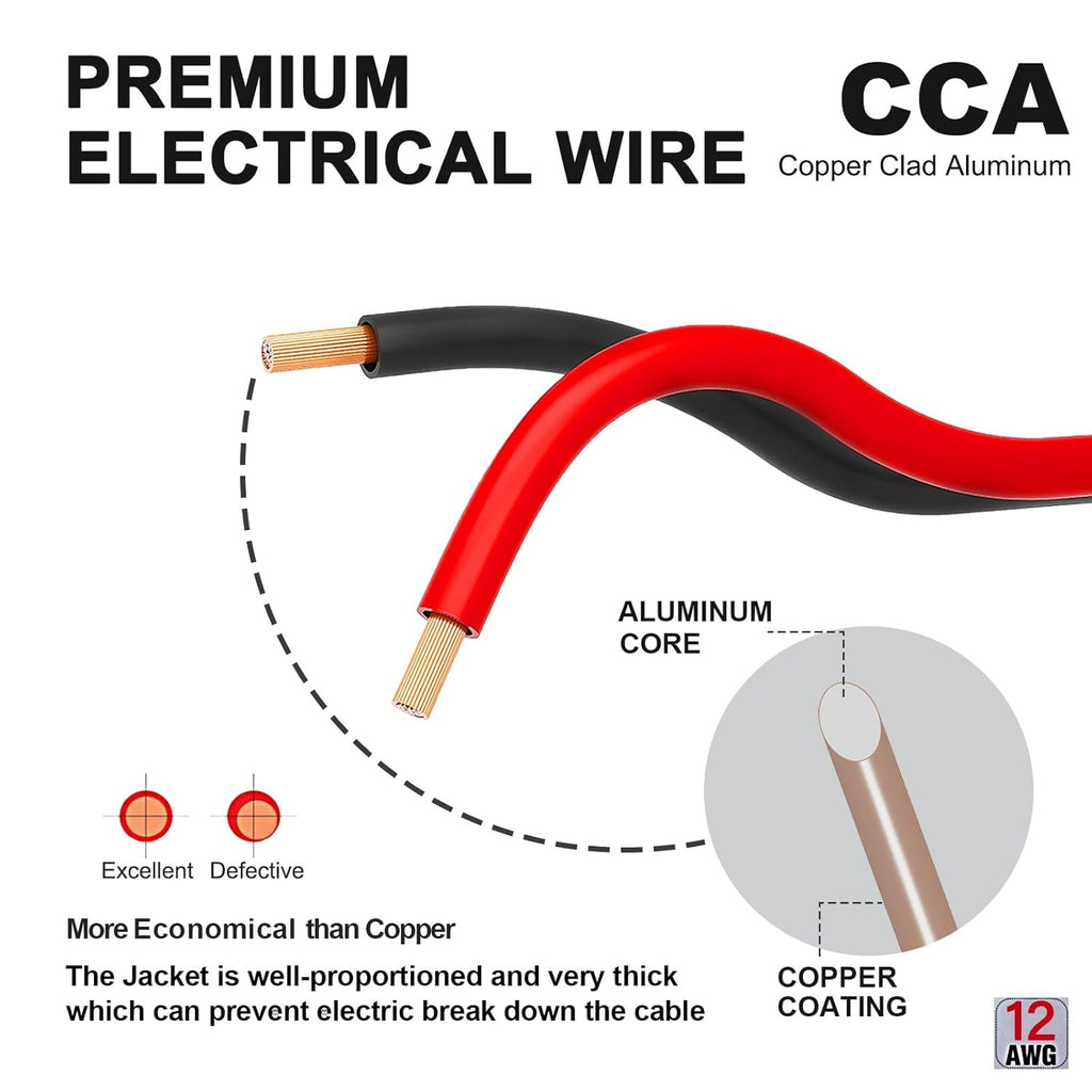 12 Gauge Red Black Wire 50FT, 12/2 AWG Electrical Wire 12V/24V DC Cable, 12AWG 2 Conductor Flexible Copper Claded