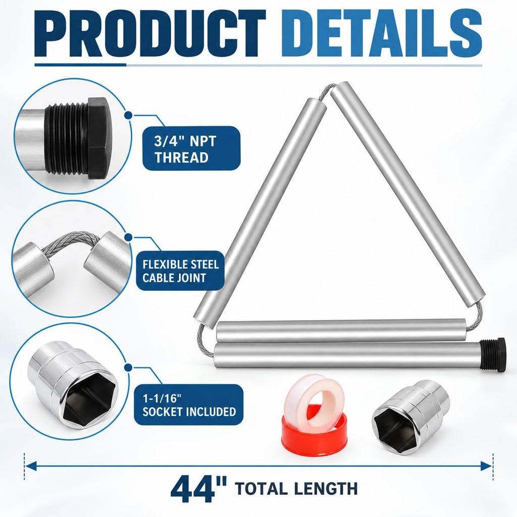 44" Flexible Magnesium Anode Rod for Water Heater 3/4" NPT Replacement