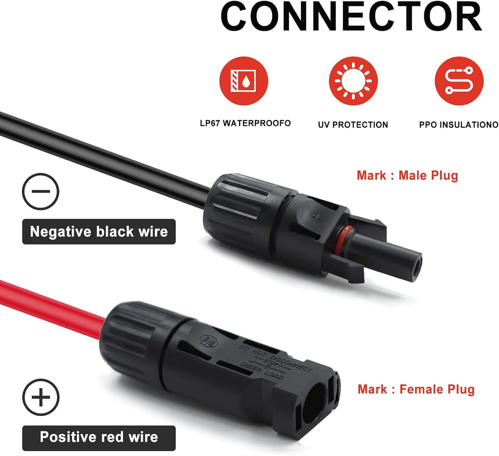 Twin Wire 100FT Solar Extension Cable - 10AWG(6mm²) Solar Panel Connector, with 6 Pairs-IP67-Male/Female Solar