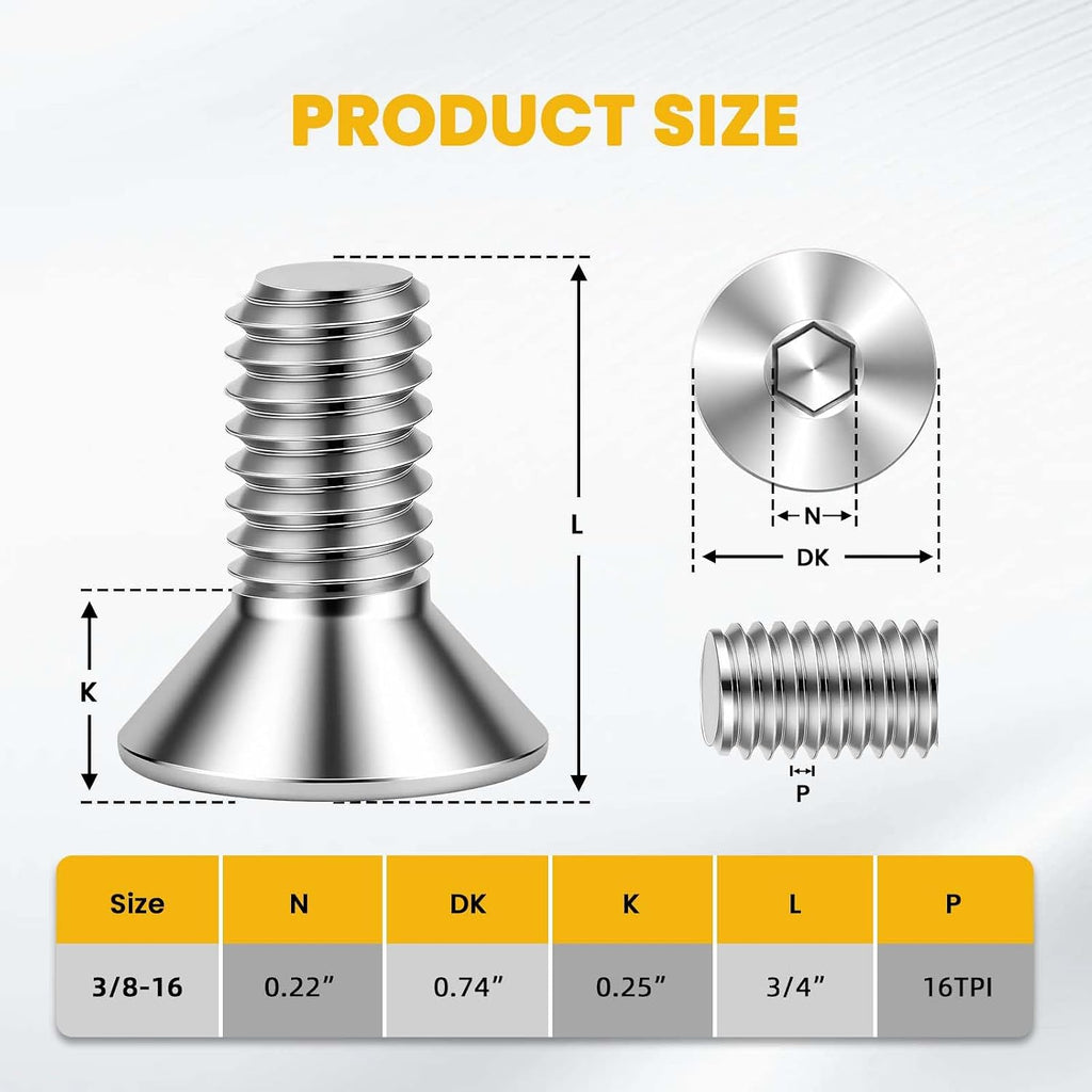 3/8-16 x 3/4" Flat Head Socket Cap Screws Countersunk Bolts, Allen Socket Drive, Stainless Steel 18-8, Fully Threaded, Bright Finish, 25 PCS