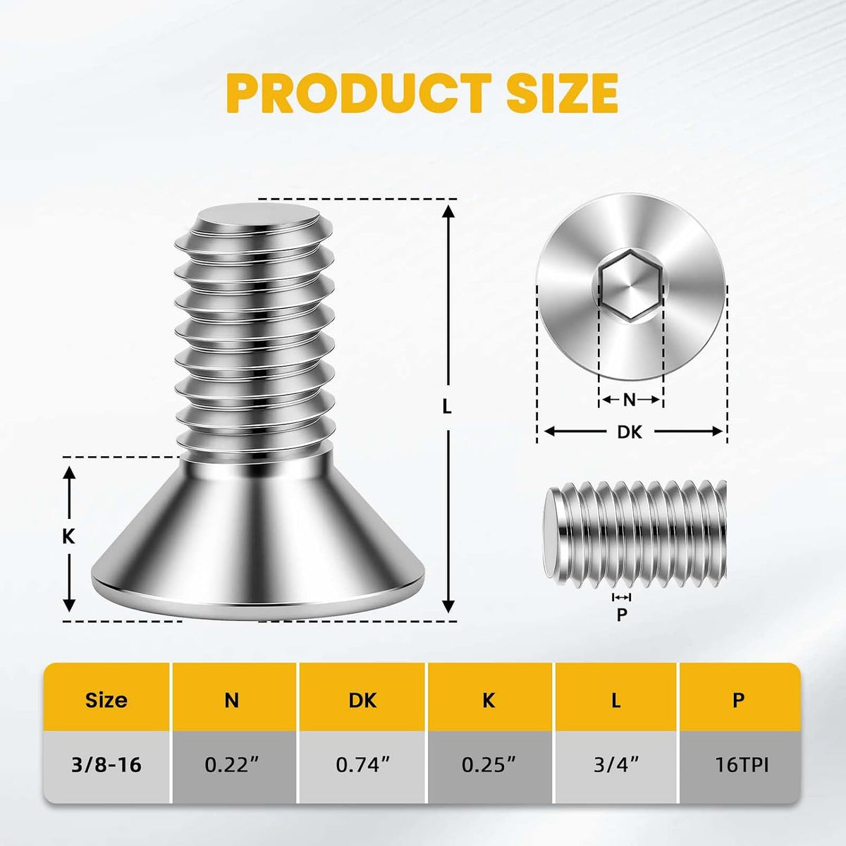 3/8-16 x 3/4" Flat Head Socket Cap Screws Countersunk Bolts, Allen Socket Drive, Stainless Steel 18-8, Fully Threaded, Bright Finish, 25 PCS