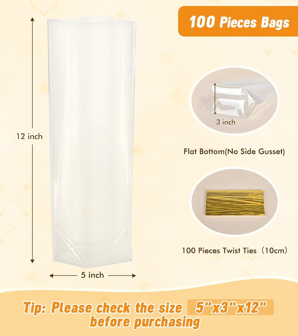 Flat Bottom Cellophane Bags with Twist Ties, 100 Pcs 5x3x12 Inches Cellophane Wrap for Gift Clear Cello Bags Flat