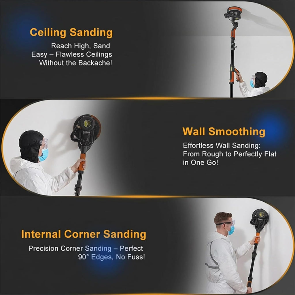 Drywall Sander with Vacuum, 780W 7-Speed Popcorn Ceiling Removal Tool | 95% Dust-Free, LED Light, 5.5ft Telescoping