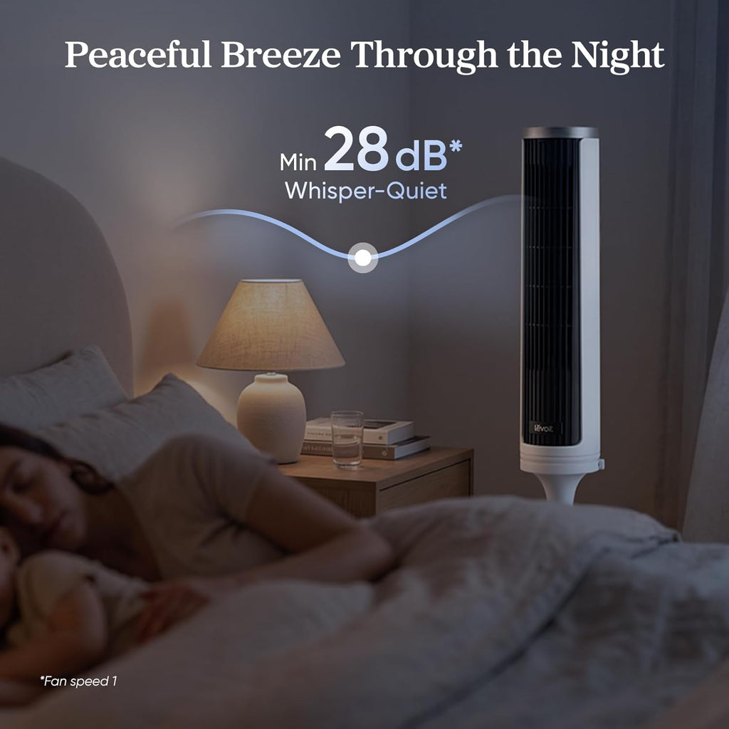 Tower Fan for Bedroom, Standing Fan with 36”-47” Adjustable Height | 28dB Quiet, 23 ft/s Velocity, Bladeless, 90°