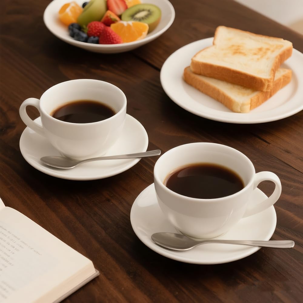 Porcelain Coffee Cup with Saucer 220ml/7.3oz for Cappuccino, Latte, and Tea, White, Set of 2