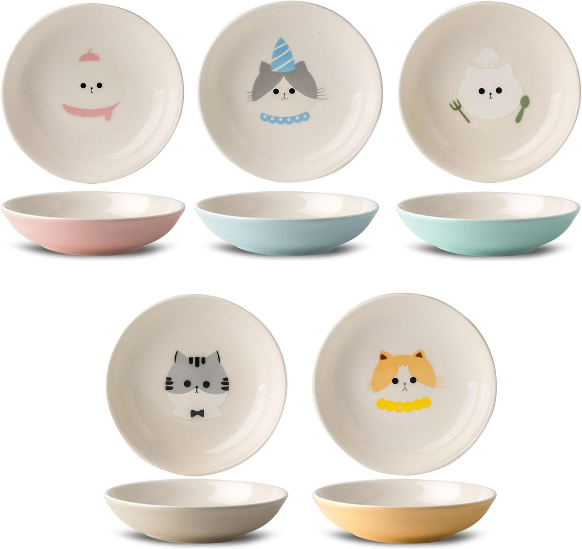 Ceramic Cat Bowls Set - 5.7 inch Wide Cat Food Bowls Whisker Fatigue Friendly, 5 Colorful Kitten Dish Plates with