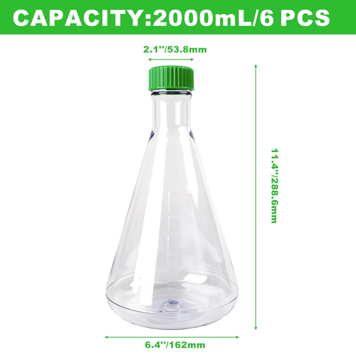 2000ml Erlenmeyer Flask, Sterile, Vent Cap, Flat Bottom, PC, 6Pcs